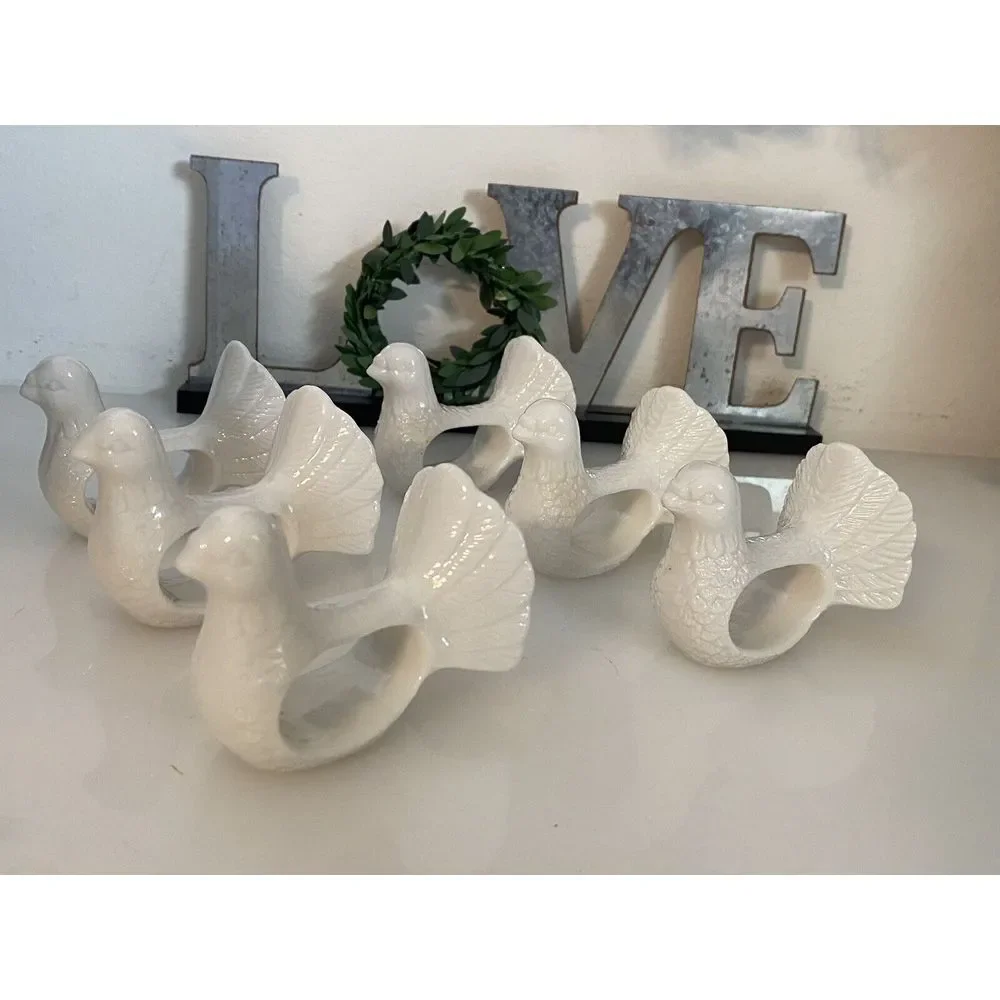 Set of 6 Dove Shafford Napkin Rings Holders Porcelain Bird‎ Retro Table Pigeons